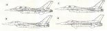 Rzuty boczne wersji rozwojowych F-16: A- F-16/79, B- F-I6XL w wersji jednomiejscowej, C- F-16XL w wersji dwumiejscowej, D- AFTI/F-16. (Źródło: Lotnictwo Aviation International nr 10/1991).