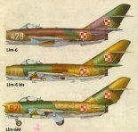 Barwy samolotów Lim-6, Lim-6 bis i Lim-6M. (Źródło: Technika Lotnicza i Astronautyczna  nr 8/1985).