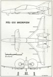 PZL-230 ”Skorpion” w pierwotniej postaci dwusilnikowego samolotu turbośmigłowego w układzie kaczki, rysunek w trzech rzutach. (Źródło: Lotnictwo Aviation International nr 1/1991).