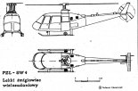 PZL SW-4 projekt, rysunek w trzech rzutach. (Źródło: Skrzydlata Polska nr 9/1990).