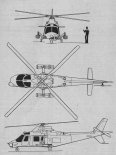 Agusta A109A, rysunek w trzech rzutach. (Źródło: Skrzydlata Polska nr 49/1978).