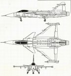 SAAB JAS-39 ”Gripen”, rysunek w trzech rzutach. (Źródło: Lotnictwo Aviation International nr 7/1991).