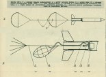 Rakieta RP-2: schemat zespołu spadochronów i schemat układu pływakowego wersji OW. (Źródło: Skrzydlata Polska nr 49/1963).
