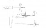 Projekt motoszybowca AW-51. Rysunek w trzech rzutach. (Źródło: Technika Lotnicza i Astronautyczna nr 9/1982).
